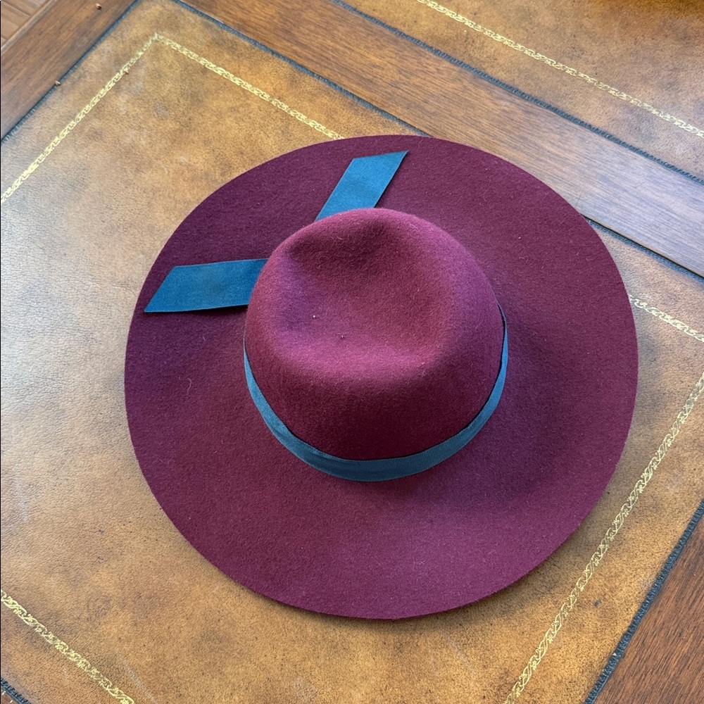 Anthropologie burgundy Hat with Dark Ribbon, 100 % wool